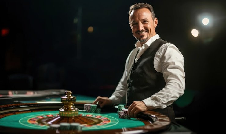 Meja Roulette live dealer di studio olx777 dengan roda dan layout taruhan yang jelas